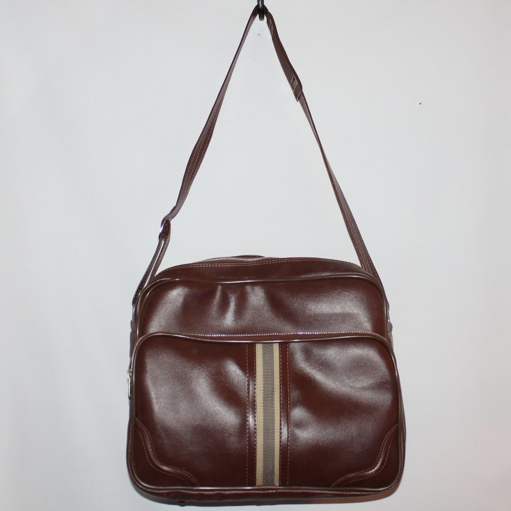 Vintage Bowler Bag - Brown with Cream & Grey Strip